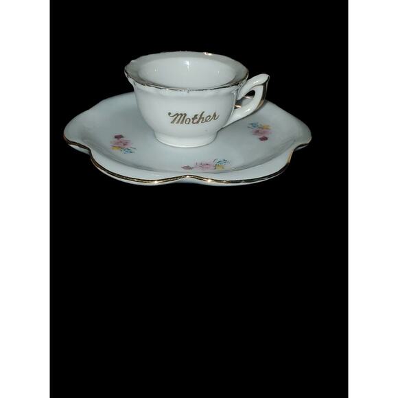 MINIATURE MOTHER TEA CUP AND SAUCER WITH GOLD ACCENTS MINI SET JAPAN - Picture 1 of 6
